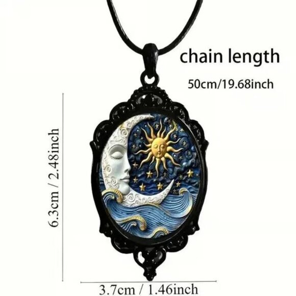 Black Vintage Style CELESTIAL Sun Moon Pendant Necklace - Picture 5 of 5